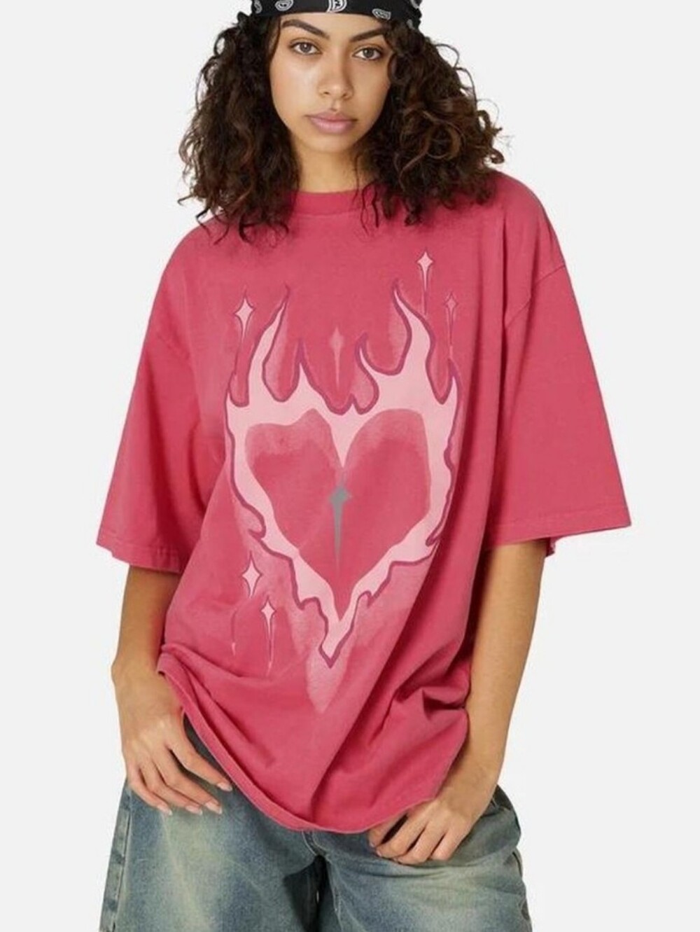 Aelfric Eden Unisex Oversized Flaming Heart Pink Baggy T-shirt Streetwear Medium